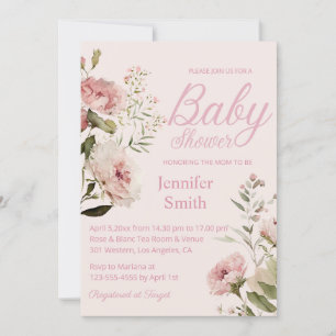 watercolor blush pink roses girl baby shower invitation