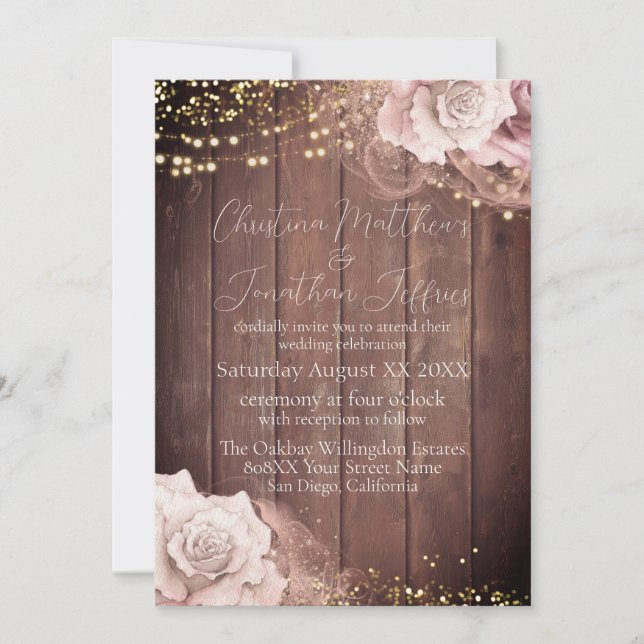 Watercolor Blush Pink Roses on Wood Wedding Invitation (Front)