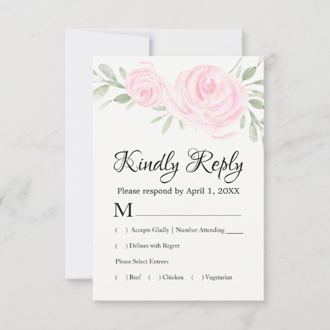 Watercolor Blush Pink Roses RSVP Response Cards (Front)