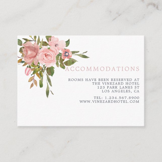 Watercolor Blush Pink Roses Wedding Accommodations Enclosure Card (Front)