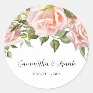 Watercolor Blush Pink Roses Wedding Classic Round Sticker
