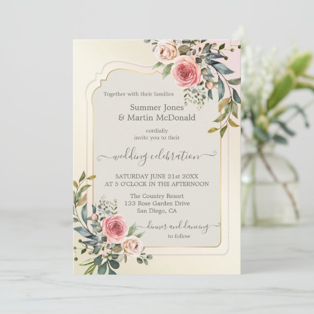 Watercolor Blush Pink Roses Wedding Invitation (Standing Front)