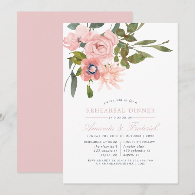 Watercolor Blush Pink Wedding Rehearsal Dinner Invitation (Front/Back)