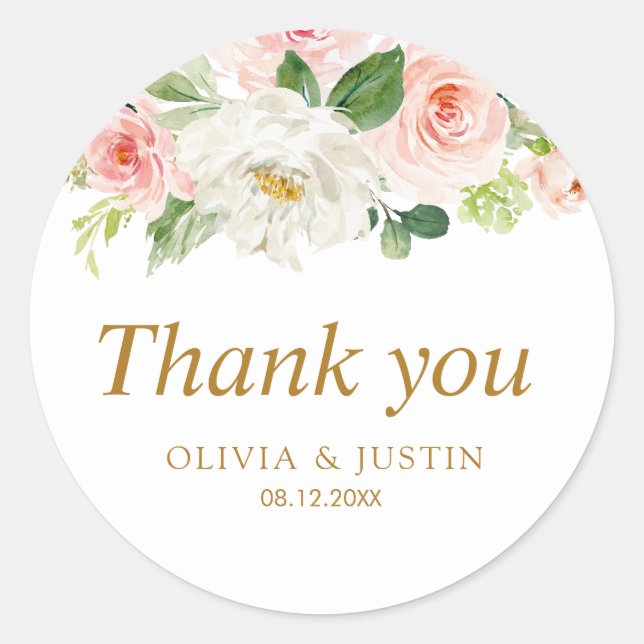 Watercolor blush pink wedding thank you sticker (Front)
