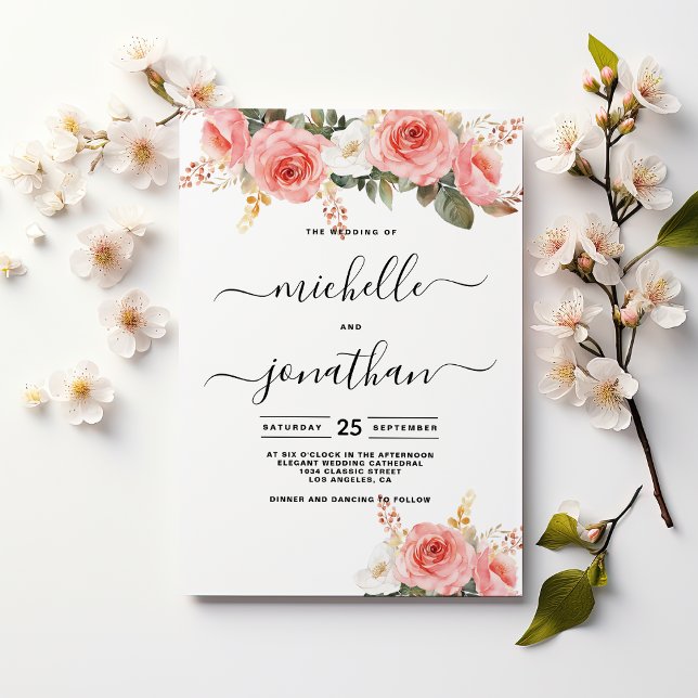 Watercolor blush pink white mint floral wedding invitation (Watercolor blush pink white mint floral wedding)