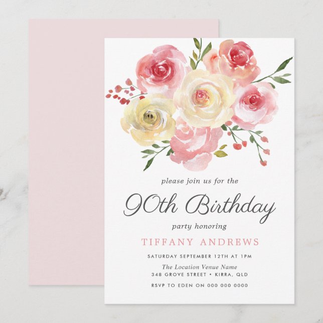 Watercolor Blush Pink Womans 90th Birthday Invite (Front/Back)
