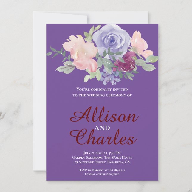 Watercolor Blush Purple Floral Rustic Wedding  Invitation (Front)