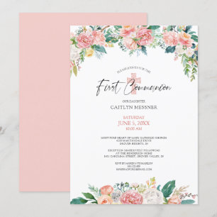 Watercolor Blush Rose Floral Cross First Communion Invitation