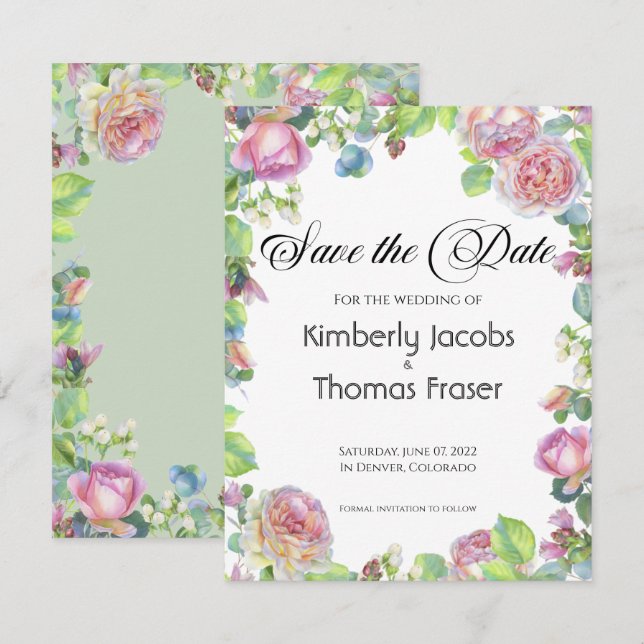 Watercolor blush rose flowers save the date (Front/Back)