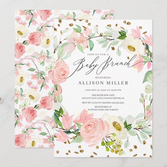 Watercolor Blush Rose Peonies Floral Baby Brunch Invitation (Front/Back)
