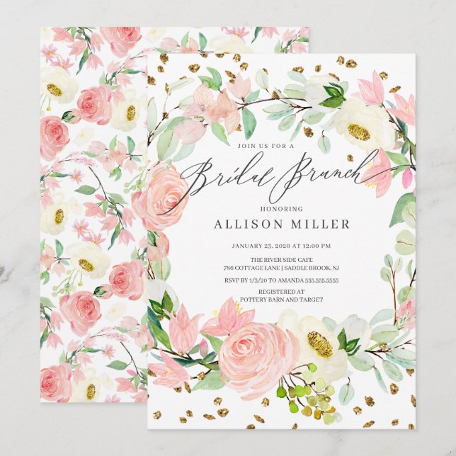 Watercolor Blush Rose Peonies Floral Bridal Brunch Invitation (Front/Back)