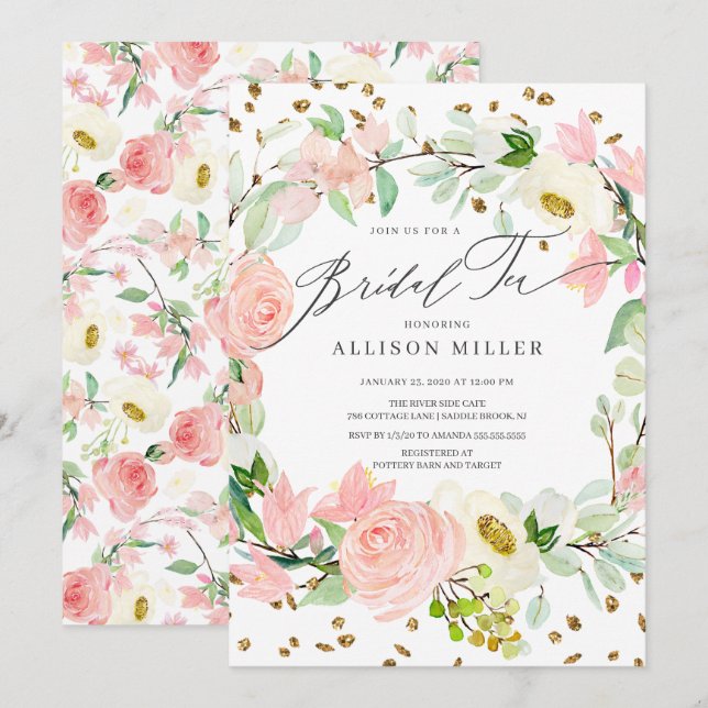 Watercolor Blush Rose Peonies Floral Bridal Tea Invitation (Front/Back)