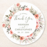 Watercolor Blush Rose Wreath Thank You Round Paper Coaster<br><div class="desc">Watercolor wedding Thank You coasters. Hand-painted watercolor rose blossoms in blush coral and pink with botanical garden greenery. Trendy handwritten calligraphy accents with easy edit template fields. All text can be edited; font choice and layout can be modified according to style and taste. Coordinates with Watercolor Blush Rose Wreath Collection....</div>