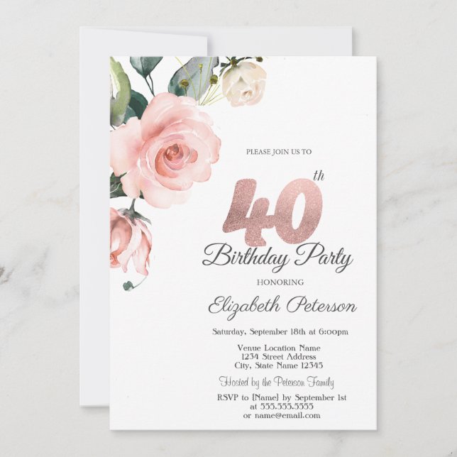 Watercolor Blush Roses 40th Birthday Invitation (Front)