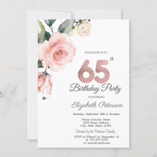 Watercolor Blush Roses 65th Birthday Invitation
