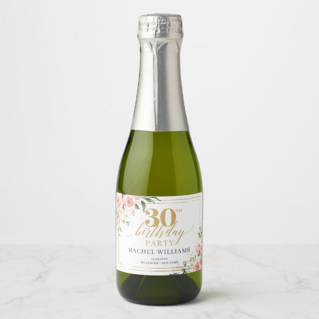 Watercolor Blush roses eucalyptus 30th birthday Sparkling Wine Label (Front)