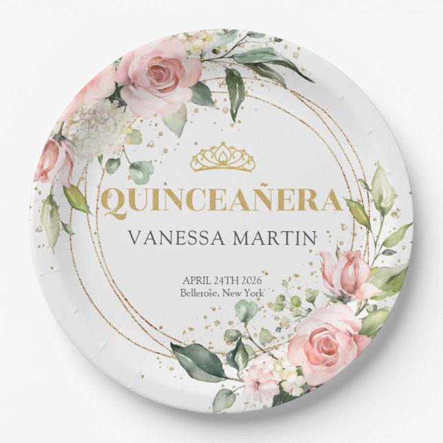Watercolor Blush roses eucalyptus gold Quinceañera Paper Plate (Front)