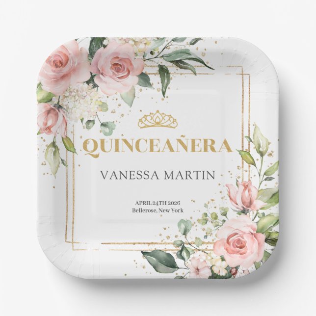 Watercolor Blush roses eucalyptus gold quinceanera Paper Plate (Front)
