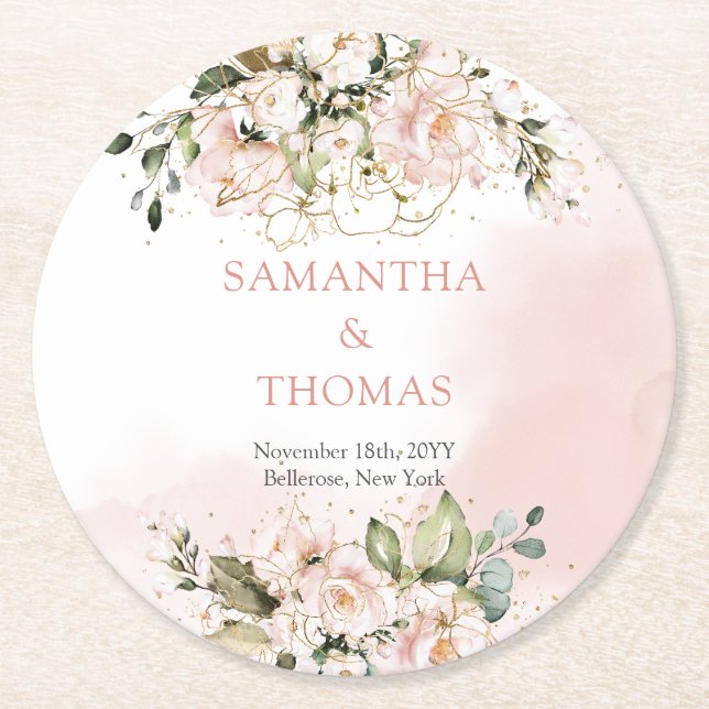 Watercolor Blush roses eucalyptus gold wedding Round Paper Coaster (Front)
