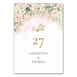 Watercolor Blush roses eucalyptus gold wedding Table Number