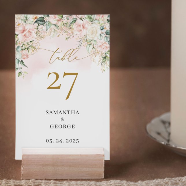 Watercolor Blush roses eucalyptus gold wedding Table Number (Modern Boho blush floral gold  and eucalyptus wedding table number card)