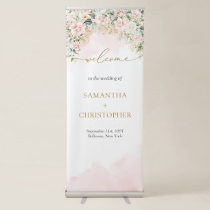 Watercolor blush roses eucalyptus gold welcome  retractable banner