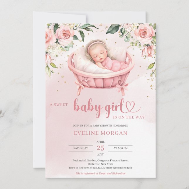 Watercolor blush roses eucalyptus sleeping baby invitation (Front)