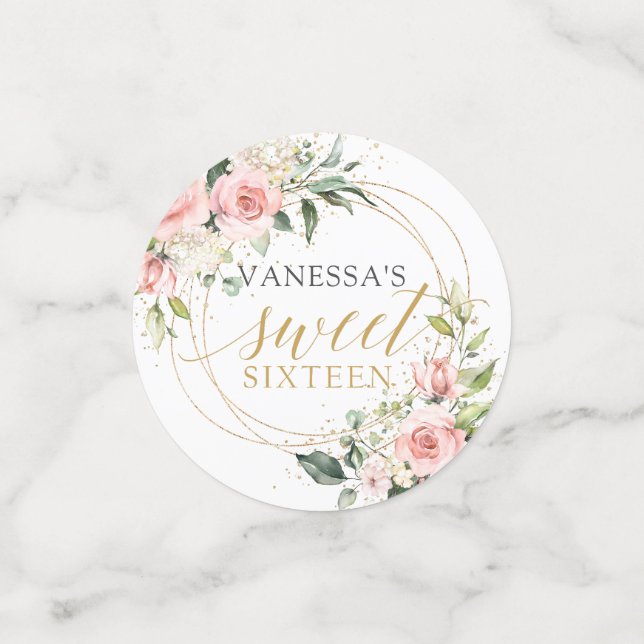 Watercolor Blush roses eucalyptus sweet sixteen Confetti (Small Front)