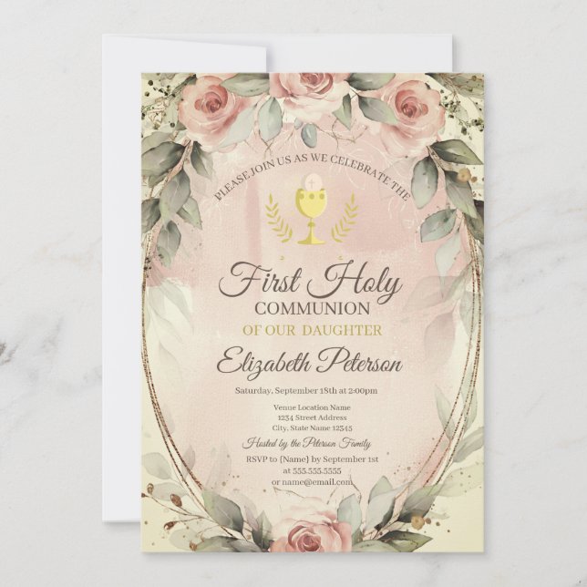 Watercolor Blush Roses First Holy Communion Invitation (Front)