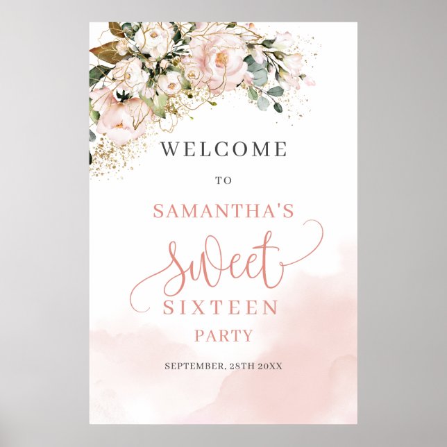 Watercolor Blush roses gold 16th birthday welcome Poster (Front)