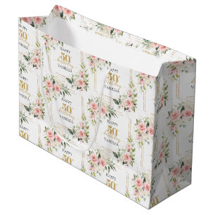 Watercolor Blush roses sage and gold 50th Birthday Large Gift Bag