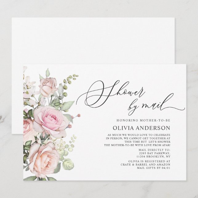 Watercolor Blush Roses Virtual Baby Shower by Mail Invitation (Front/Back)