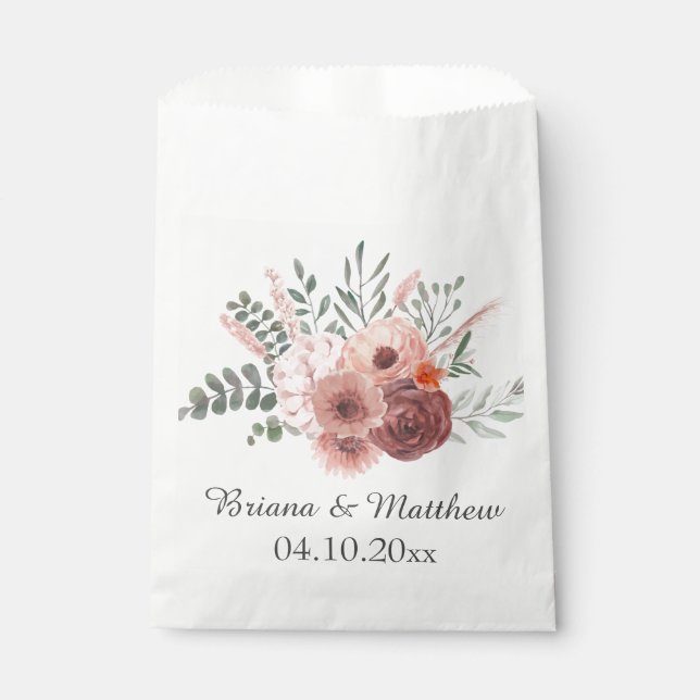 Watercolor Blush Rust Floral Wedding Favour Bags (Front)