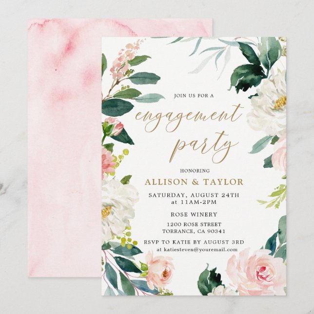 Watercolor Blush Rustic Engagement Party Invitation (Front/Back)