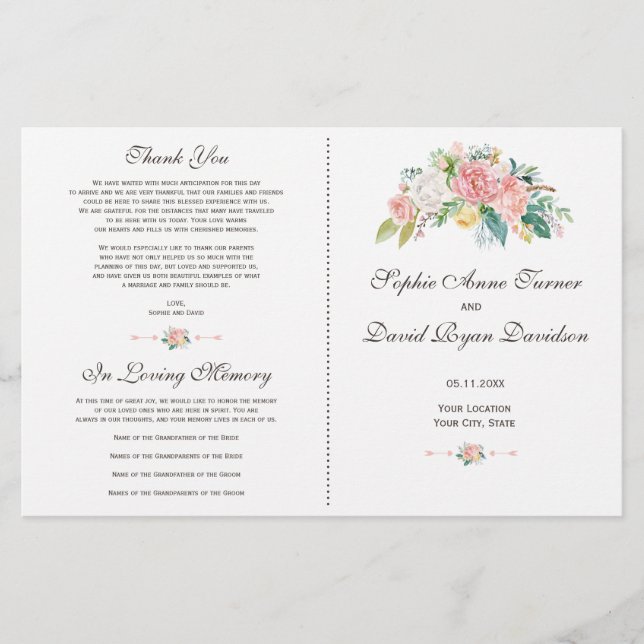 Watercolor Blush White Flowers Wedding Program (Front)