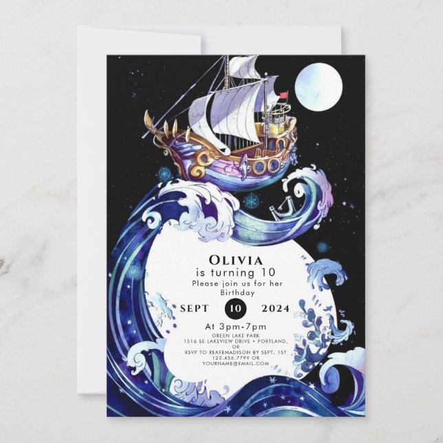 Watercolor Boat Adventure Pirate Birthday Invitation (Front)