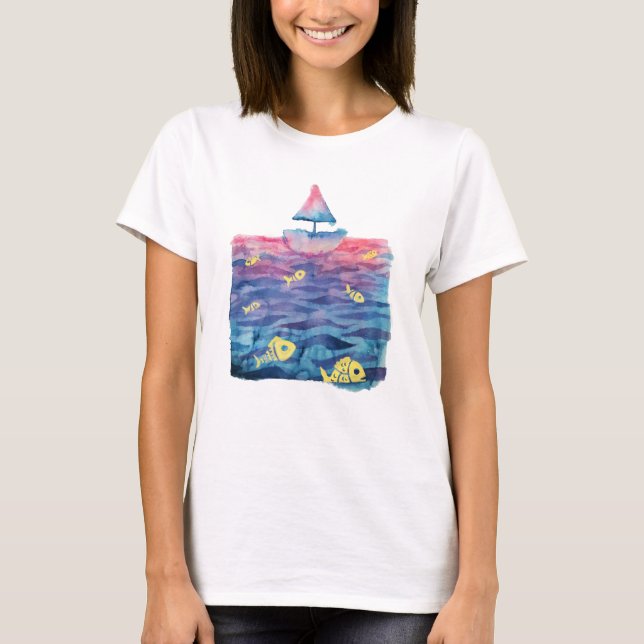 Watercolor Boat and Fish T-Shirt (Front)