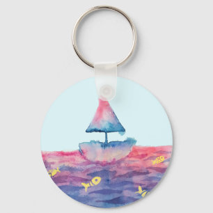 Watercolor Boat   Key Ring
