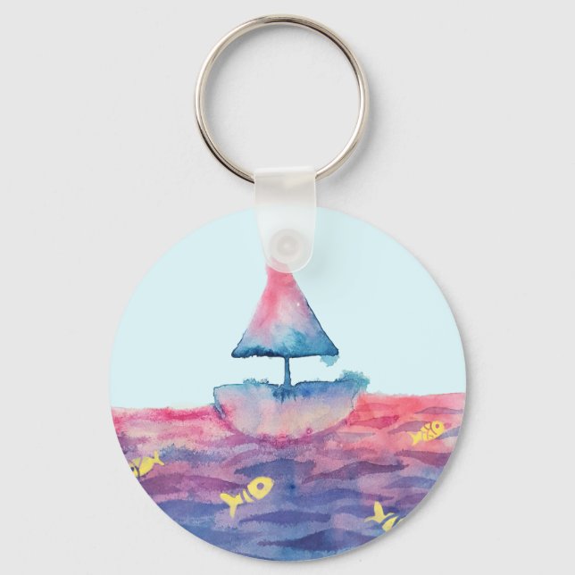 Watercolor Boat   Key Ring (Front)