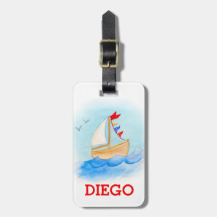 Watercolor boat kids id luggage tag