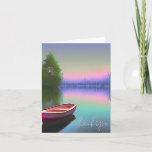 Watercolor boat on serene lake customisable card