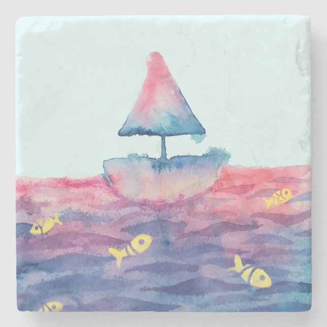 Watercolor Boat  Stone Coaster (Front)