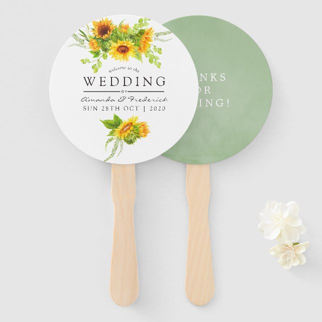 Watercolor Bohemian Boho Sunflower Wedding Favour Hand Fan (Front and Back)