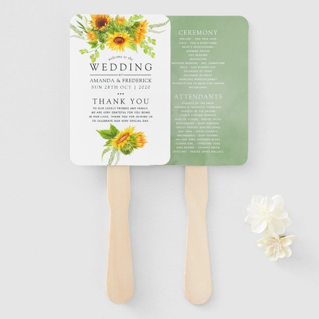 Watercolor Bohemian Boho Sunflower Wedding Program Hand Fan (Front and Back)