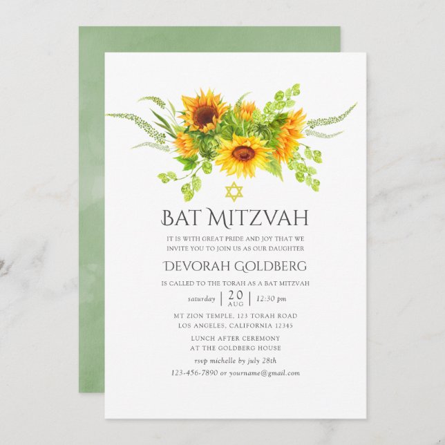 Watercolor Bohemian Boho Sunflowers Bat Mitzvah Invitation (Front/Back)