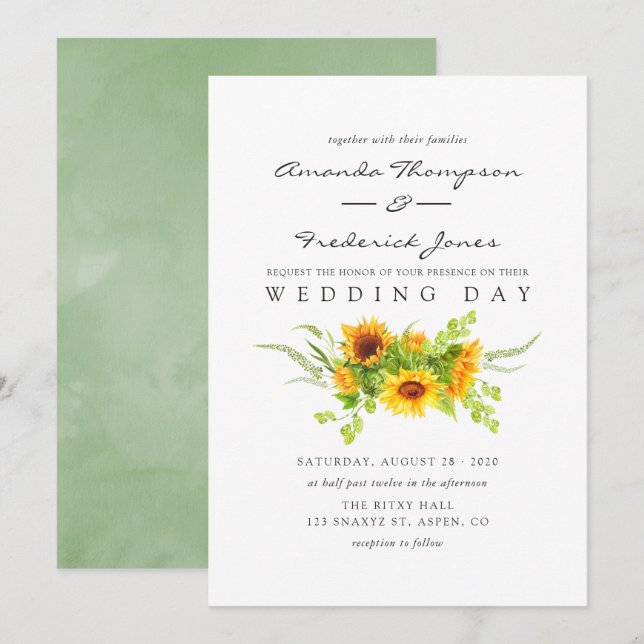Watercolor Bohemian Boho Sunflowers Wedding Invitation (Front/Back)