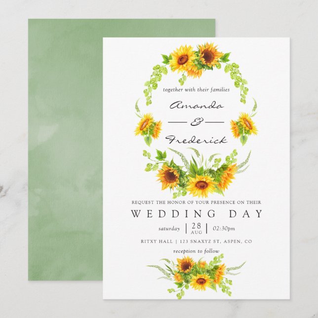 Watercolor Bohemian Boho Sunflowers Wedding Invitation (Front/Back)