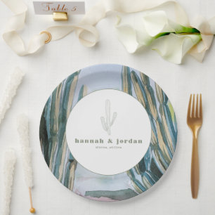 Watercolor Bohemian Cactus Green Desert Wedding Paper Plate