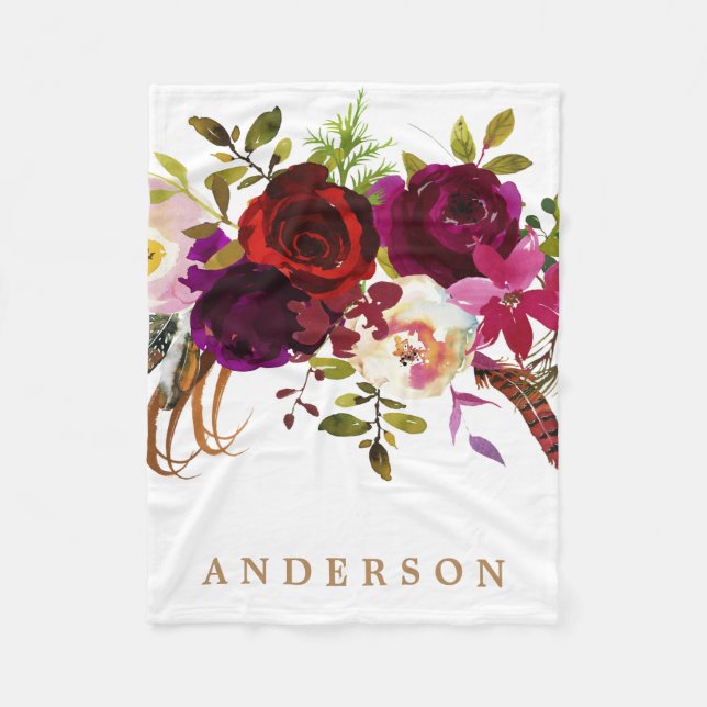 Watercolor Bohemian Floral Burgundy Marsala Fleece Blanket (Front)
