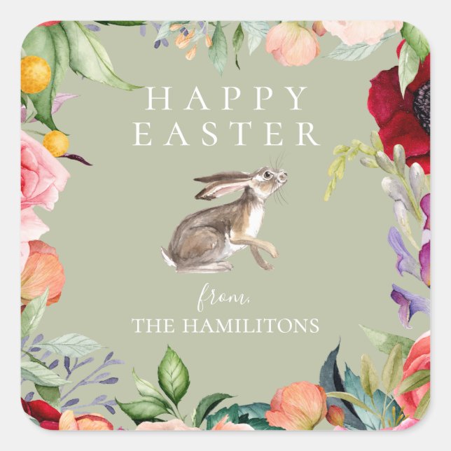 Watercolor Bohemian Floral Easter Bunny Square Sticker (Front)